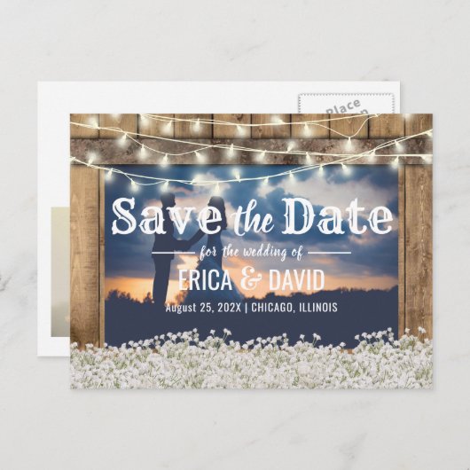 Rustic Baby's Breath Photo Bewaar de datum Aankondigingskaart (Voorkant / Achterkant)