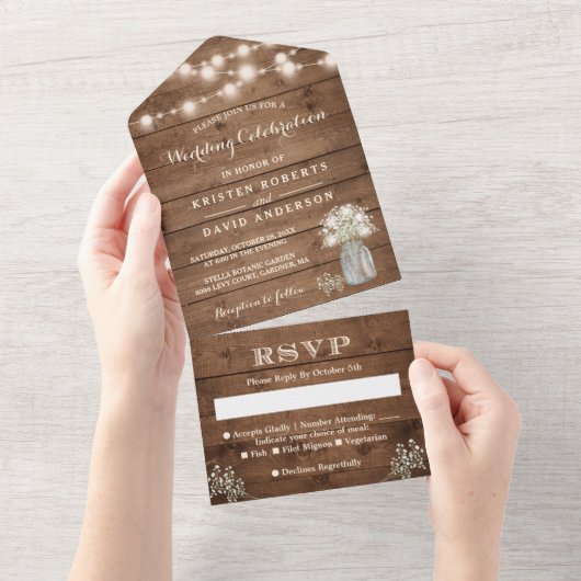 Rustic Baby's Breath String Lights Wedding All In One Uitnodiging (Afscheurbaar)
