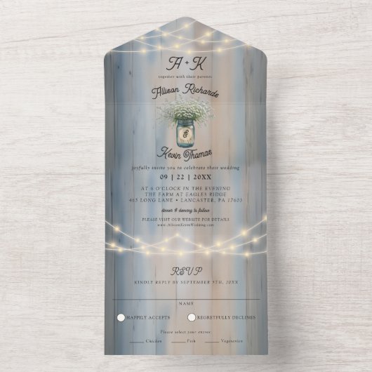 Rustic Baby's Breath & String Lights Wedding All In One Uitnodiging (Binnen)