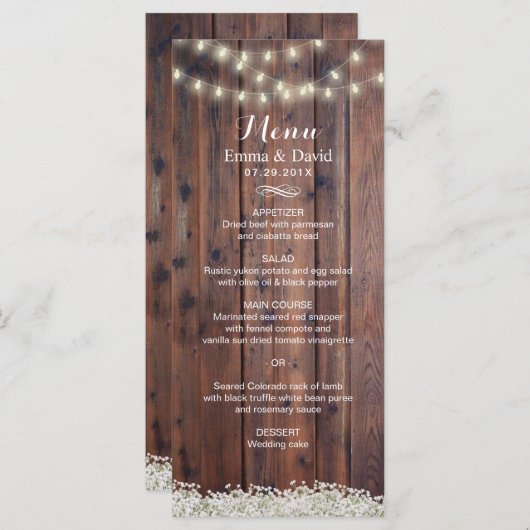 Rustic Baby's Breath & String Lights Wedding Menu (Voorkant / Achterkant)