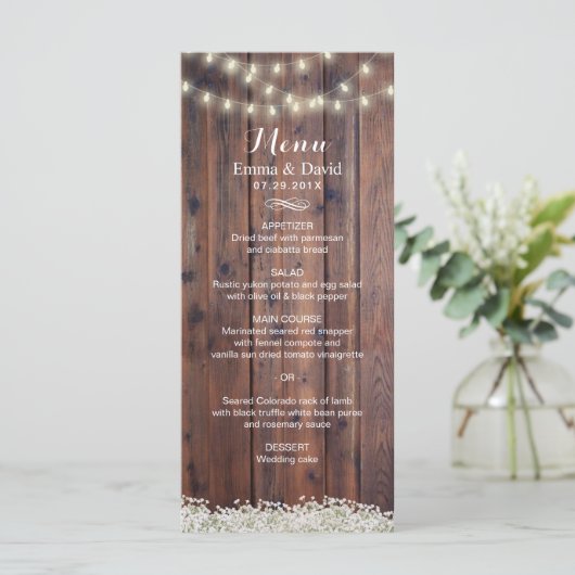 Rustic Baby's Breath & String Lights Wedding Menu (Staand voorkant)