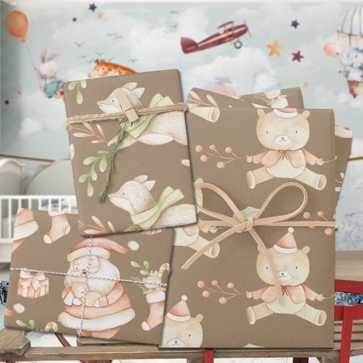 Rustic Baby's eerste kerstfeest, bear Fox Santa Inpakpapier Vel