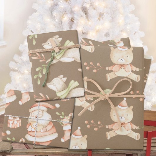 Rustic Baby's eerste kerstfeest, bear Fox Santa Inpakpapier Vel