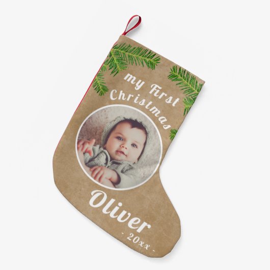 Rustic Baby's eerste kerstfoto Baby Kleine Kerstsok (Voorkant (Hangend))