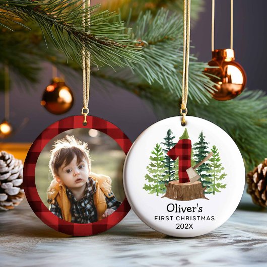 Rustic Baby's eerste kerstfoto Keramisch Ornament