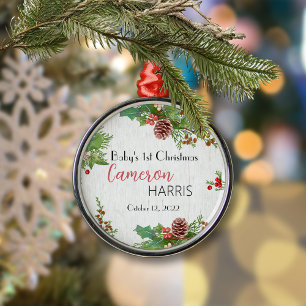 Rustic Baby's eerste kerstman Holly & Pine Metalen Ornament