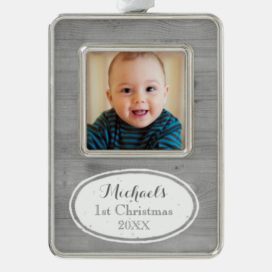 Rustic Baby's eerste kerstversiering Verzilverd Omlijst Ornament (Voorkant)