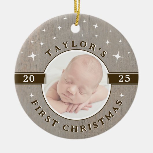 Rustic Baby's First Christmas Photo Ornament (Voorkant)