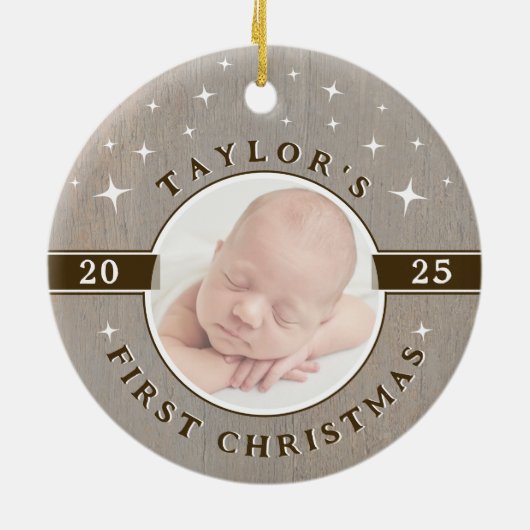 Rustic Baby's First Christmas Photo Ornament (Achterkant)