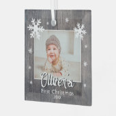 Rustic Baby's First Kerstwood Snowflake Photo Glas Ornament (Voorkant links)