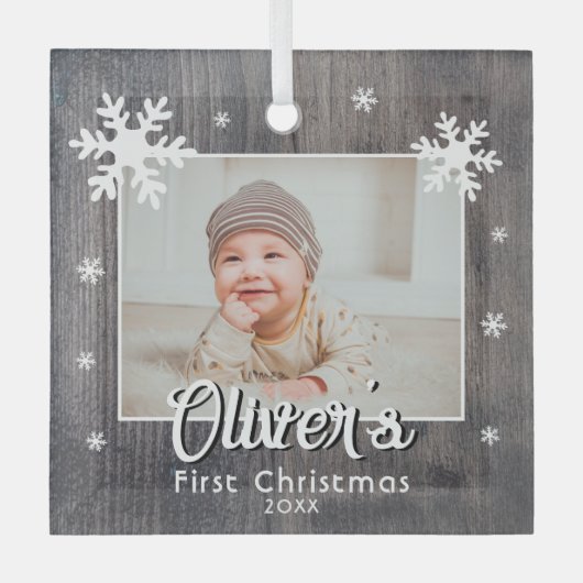 Rustic Baby's First Kerstwood Snowflake Photo Glas Ornament (Voorkant)