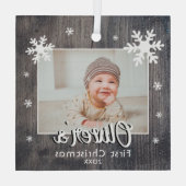 Rustic Baby's First Kerstwood Snowflake Photo Glas Ornament (Achterkant)