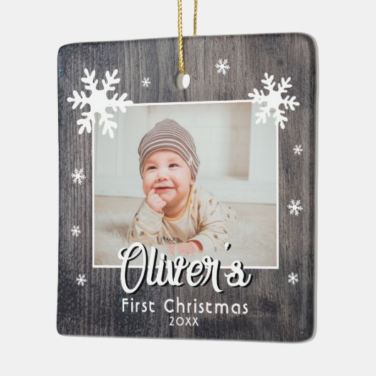 Rustic Baby's First Kerstwood Snowflake Photo Keramisch Ornament (Links)