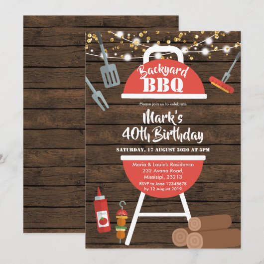 Rustic Backyard BBQ Birthday Invitation Kaart (Voorkant / Achterkant)