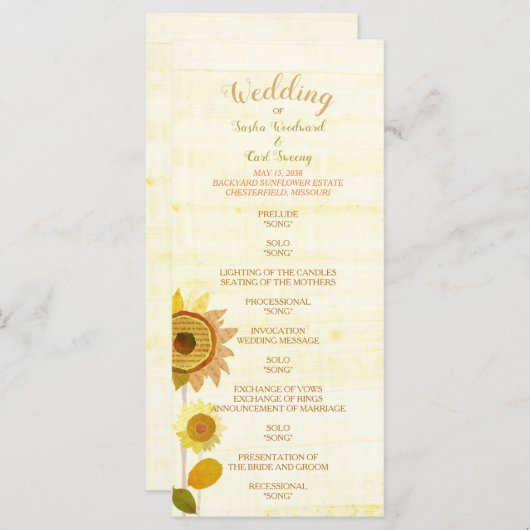 Rustic Backyard Sunflower Wedding Programme Programmakaart (Voorkant / Achterkant)