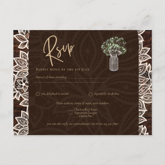Rustic Backyard Woodland Wedding Wood Lace RSVP Briefkaart (Voorkant)
