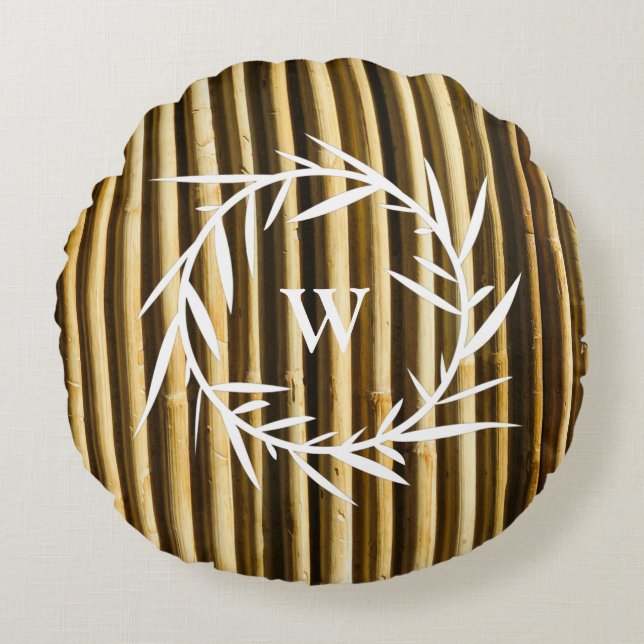 Rustic Bamboe Monogram Verticale Lijnen Patroon Rond Kussen (Voorkant)