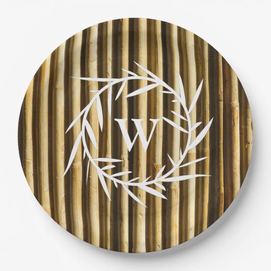 Rustic Bamboo Monogram Vertical Lines Pattern Papieren Bordje (Voorkant)
