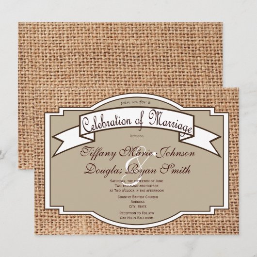 Rustic Banner Burlap Print Wedding-uitnodigingen Kaart (Voorkant / Achterkant)