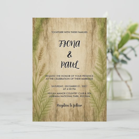 Rustic Bark en Moss Forest huwelijksuitnodiging Kaart (Staand voorkant)