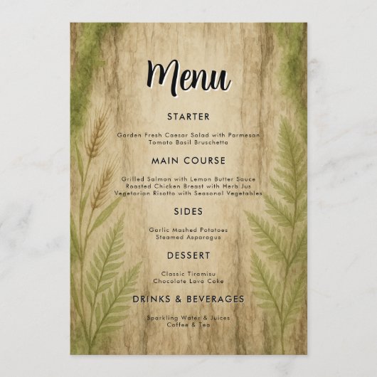 Rustic Bark en Moss Forest Wedding Menu Kaart (Voorkant)