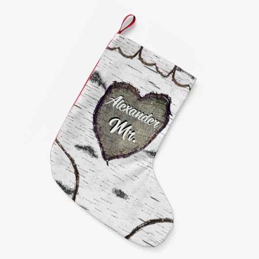 Rustic Bark Wood Carved Heart Aspen Tree Mr. Kleine Kerstsok (Voorkant (Hangend))