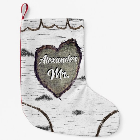 Rustic Bark Wood Carved Heart Aspen Tree Mr. Kleine Kerstsok (Voorkant)