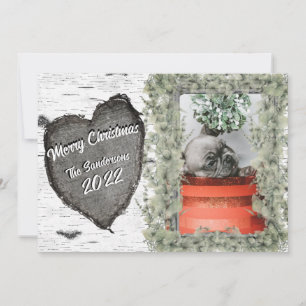 Rustic Bark Wood Heart Family Photo Holiday Kaart
