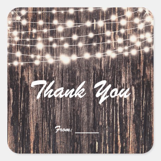 Rustic Bark Wood & String Lights Herfst Favor Vierkante Sticker (Voorkant)