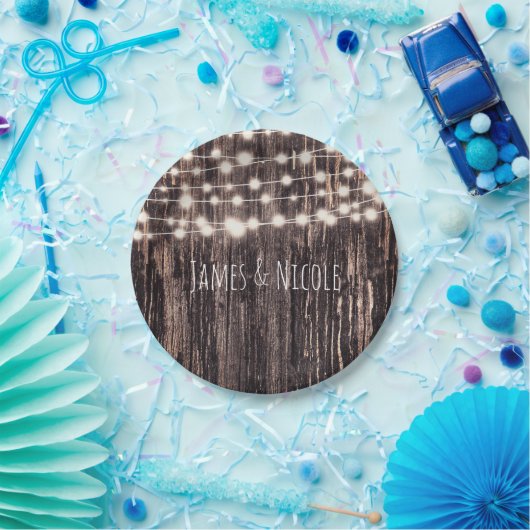 Rustic Bark Wood & String Lights Herfst Party Papieren Bordje (Feest)