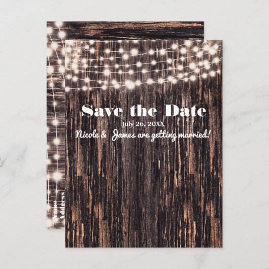 Rustic Bark Wood & String Lights Herfst Uitnodigin Aankondigingskaart (Voorkant / Achterkant)
