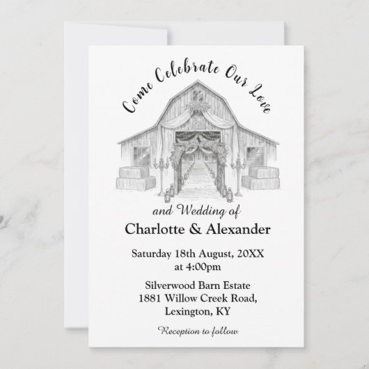 Rustic Barn Black and White Wedding Invitation Kaart (Voorkant)