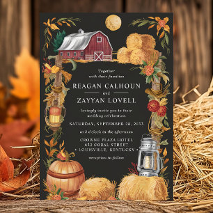 Rustic Barn Black Herfst Bloemen Lantaarn Huwelijk Kaart