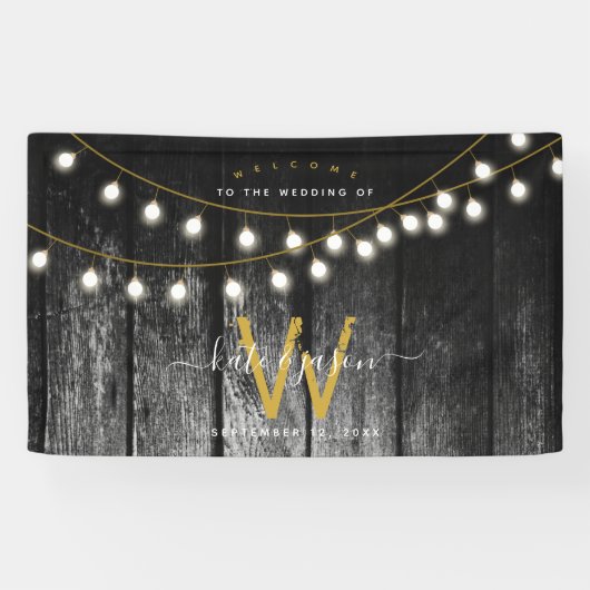 Rustic Barn Black Wood Gold String Lights Wedding Spandoek (Horizontaal)