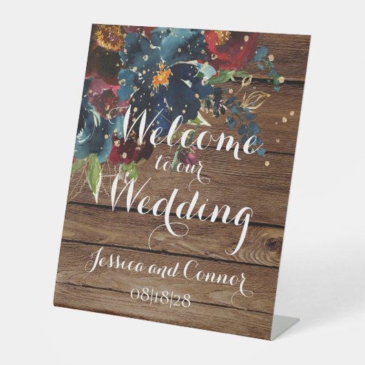 Rustic Barn Board Bourgondië Navy Welkom Huwelijk Reclamebord Met Voetstuk (Voorkant)