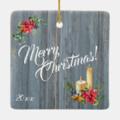 Rustic Barn Board en Poinsettias | Familiefoto Keramisch Ornament (Achterkant)