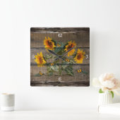 Rustic Barn Board Sunflower Butterflies Vierkante Klok (Huis)
