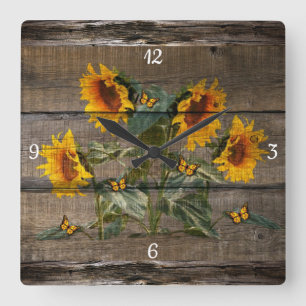 Rustic Barn Board Sunflower Butterflies Vierkante Klok