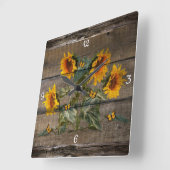 Rustic Barn Board Sunflower Butterflies Vierkante Klok (Hoek)