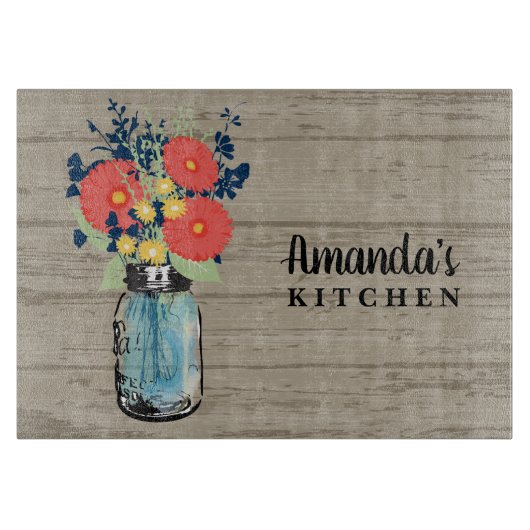 Rustic Barn Coral Gerber Daisy Mason Jar Monogram Snijplank (Voorkant)