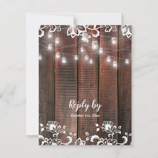 Rustic Barn Lace Wood QR Code String Light Wedding RSVP Kaartje (Voorkant)