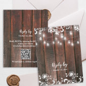 Rustic Barn Lace Wood QR Code String Light Wedding RSVP Kaartje