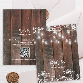 Rustic Barn Lace Wood QR Code String Light Wedding RSVP Kaartje