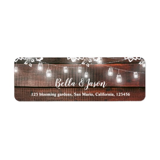 Rustic Barn Lace Wood String Light Wedding Address Etiket (Voorkant)