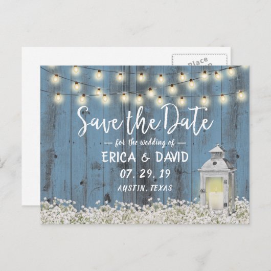 Rustic Barn Lantern Dusty Blue Save the Date Aankondigingskaart (Voorkant / Achterkant)
