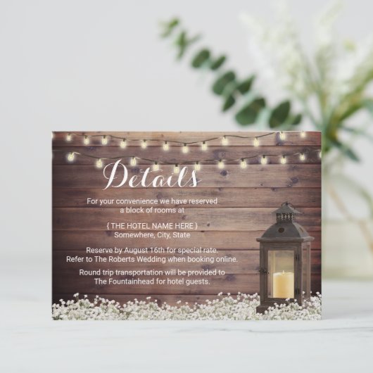 Rustic Barn Lantern String Light Wedding Details Kaart (Staand voorkant)