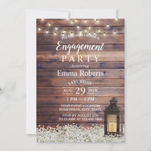 Rustic Barn Lantern String Lights Engagement Party Kaart (Voorkant)