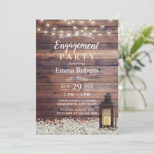 Rustic Barn Lantern String Lights Engagement Party Kaart (Staand voorkant)