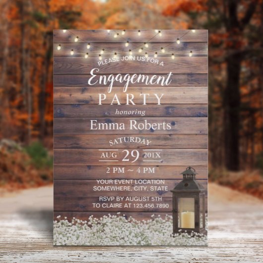 Rustic Barn Lantern String Lights Engagement Party Kaart