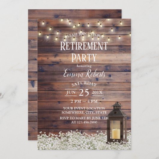 Rustic Barn Lantern String Lights Retirement Party Kaart (Voorkant / Achterkant)